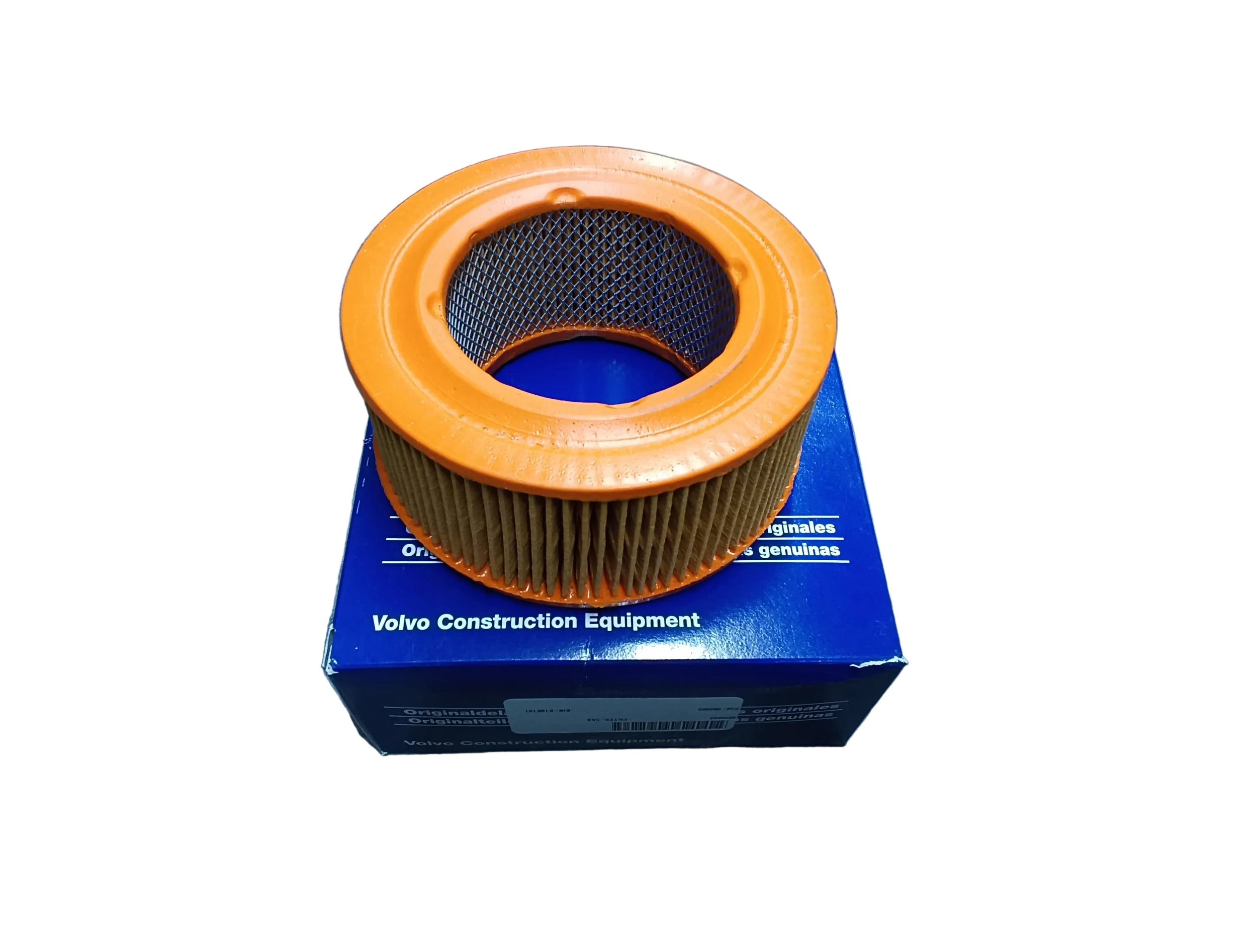 Orange air filter on a Volvo Construction Equipment branded box
